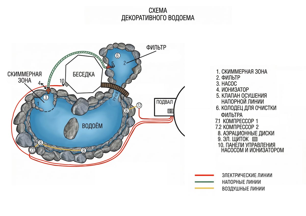 Схема декоративного водоёма: скиммерная зона, фильтр, насос, ионизатор, компрессоры и аэрационные диски